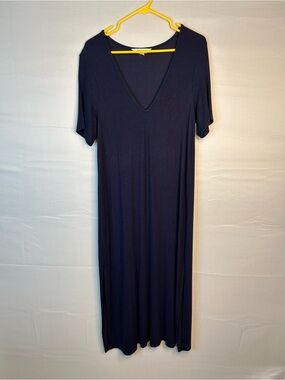 Boden Women’s Size 12P Short Sleeve Midi Dress V Neck Ribbed Navy Minimalism 109